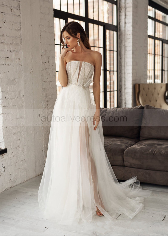 Strapless Beaded Ivory Tulle Slit Wedding Dress